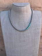 Handcrafted Kingman Turquoise & Sterling Silver Heart 5mm Beaded Necklace 18"