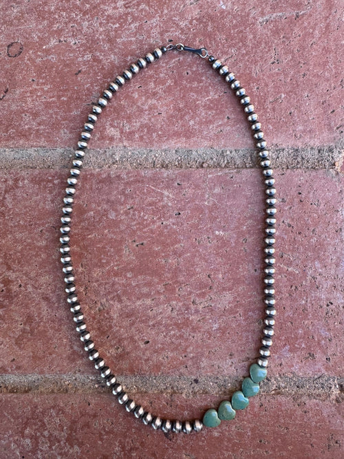 Handcrafted Kingman Turquoise & Sterling Silver Heart 5mm Beaded Necklace 18"