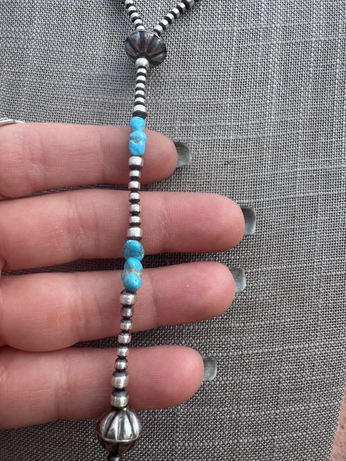 Handcrafted Sterling Silver & Turquoise 3-4mm Beaded Lariat Necklace 20"