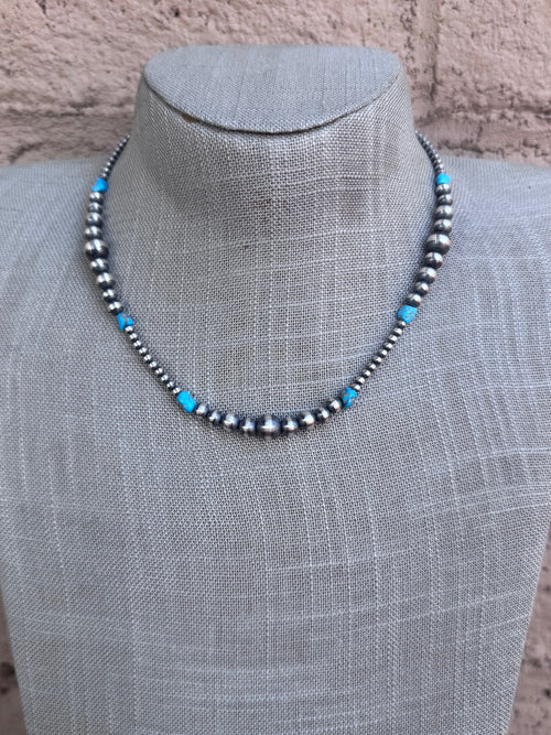 Handcrafted Sterling Silver & Kingman Turquoise 3-8mm Beaded Necklace 16"