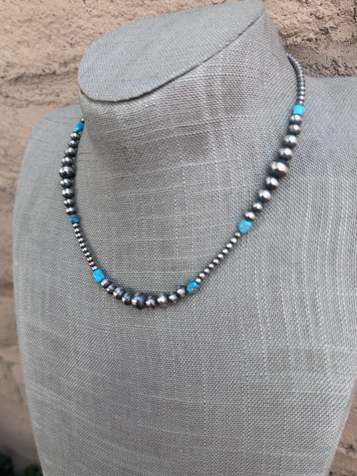 Handcrafted Sterling Silver & Kingman Turquoise 3-8mm Beaded Necklace