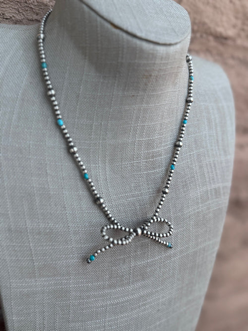 Handcrafted Sterling Silver & Turquoise Pearl 3-8mm Beaded Bow Tie Necklace 18"
