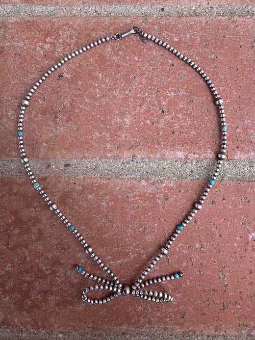 Handcrafted Sterling Silver & Turquoise Pearl 3-8mm Beaded Bow Tie Necklace 18"