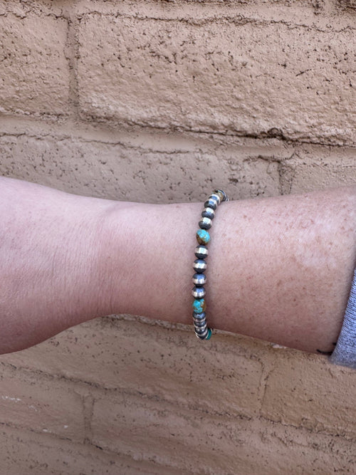 Handcrafted Sterling Silver and Turquoise 5mm Beaded Bracelet 7"