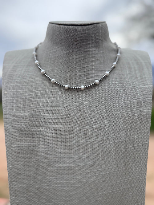 Handcrafted Mother of Pearl & Sterling Silver Pearl 3mm Beaded Necklace 16"