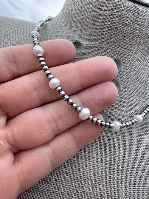 Handcrafted Freshwater Pearl & Sterling Silver Pearl 3mm Beaded Necklace 16"