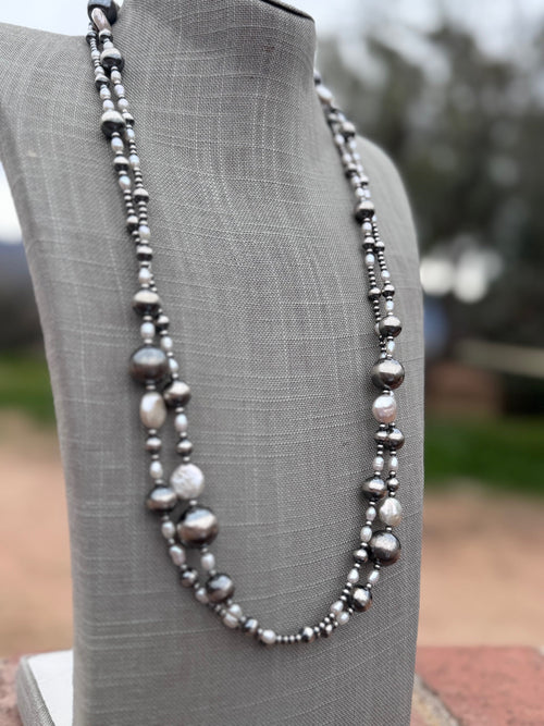 Handcrafted Mother of Pearl & Sterling Silver Pearl 3-14mm Beaded Necklace 58"