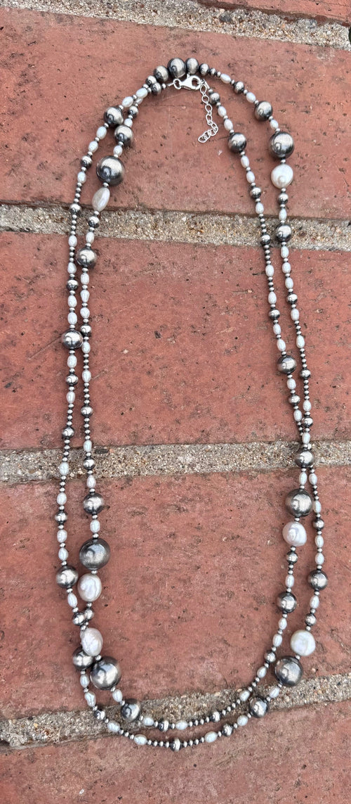 Handcrafted Mother of Pearl & Sterling Silver Pearl 3-14mm Beaded Necklace 58"