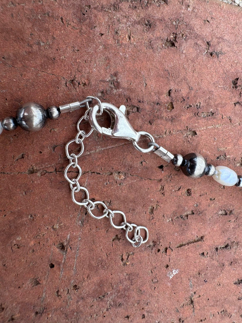 Handcrafted Mother of Pearl & Sterling Silver Pearl 3-14mm Beaded Necklace 58"