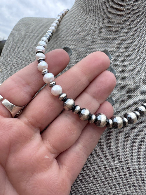 Handcrafted Freshwater Pearl & Sterling Silver Pearl 6-8mm Beaded Necklace 18"