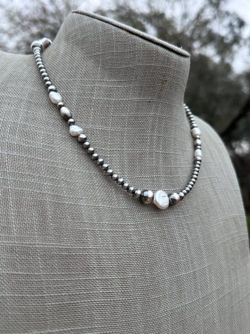Handcrafted Freshwater Pearl & Sterling Silver Pearl 4-8mm Beaded Necklace 16"