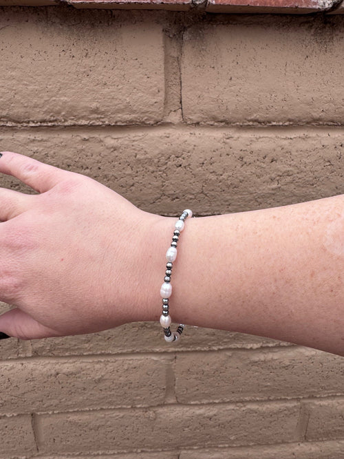 Handcrafted Mother of Pearl & Sterling Silver Pearl 3mm Beaded Bracelet 7.5"