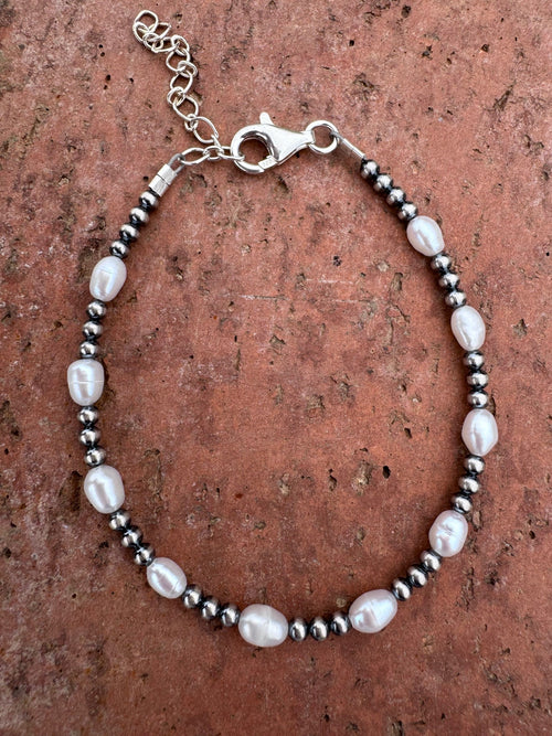 Handcrafted Mother of Pearl & Sterling Silver Pearl 3mm Beaded Bracelet 7.5"