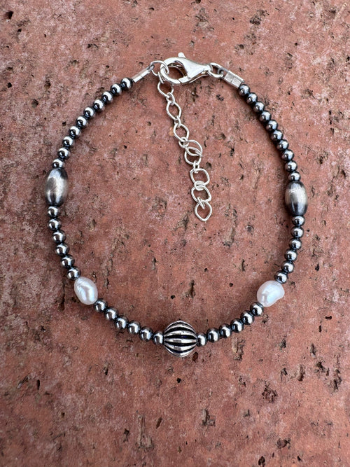 Handcrafted Mother of Pearl & Sterling Silver Pearl 3-6mm Beaded Bracelet 7"