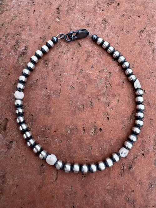 Handcrafted White Buffalo & Sterling Silver Pearl 4mm Beaded Bracelet 7.5"