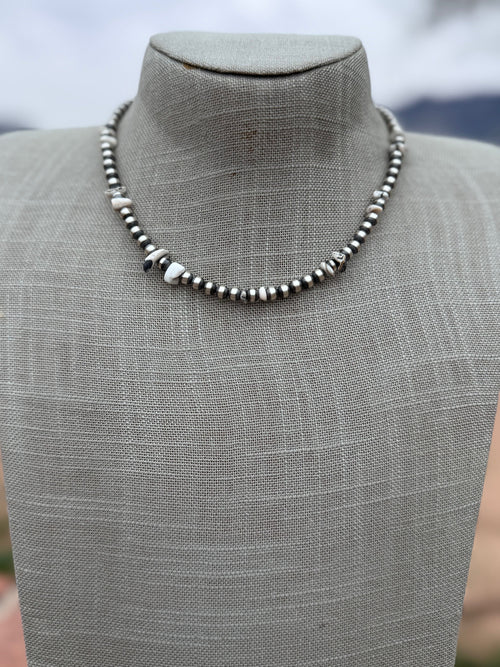 Handcrafted Sterling Silver & White Buffalo 5mm Beaded Necklace 15.5"