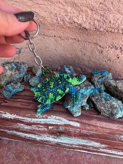 Handmade Beaded Green & Blue Sea Turtle Keychain