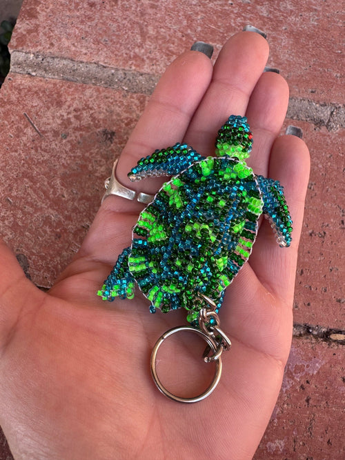 Handmade Beaded Green & Blue Sea Turtle Keychain