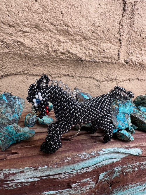 Handmade Beaded Silver Pony Keychain