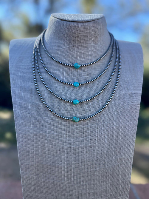 “The Loner” Handmade Sterling Silver & Kingman Turquoise 3mm Beaded Necklace w/ Extender