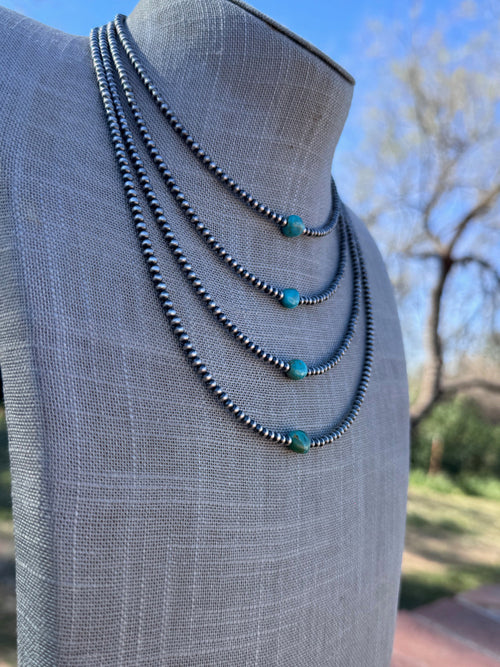 “The Loner” Handmade Sterling Silver & Kingman Turquoise 3mm Beaded Necklace w/ Extender