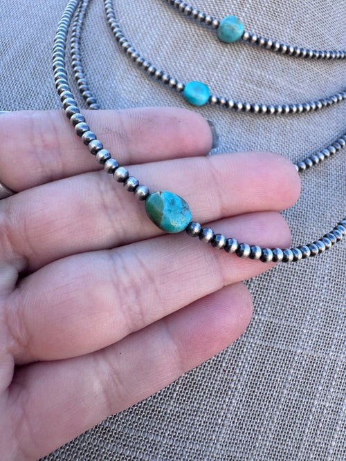 “The Loner” Handmade Sterling Silver & Kingman Turquoise 3mm Beaded Necklace w/ Extender