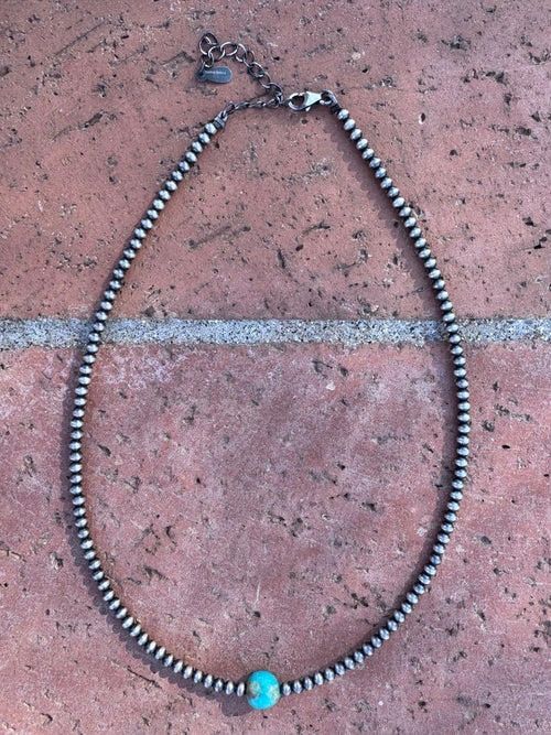 “The Loner” Handmade Sterling Silver & Kingman Turquoise 3mm Beaded Necklace w/ Extender