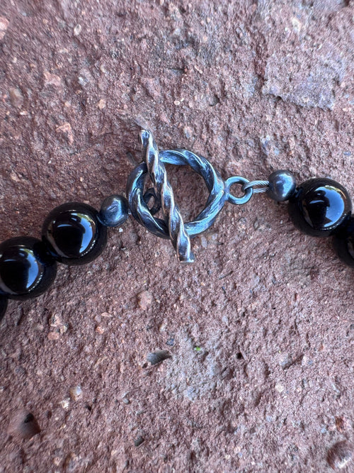 Handcrafted Sterling Silver Pearl & Black Onyx 6mm Beaded Bracelet 7.5"