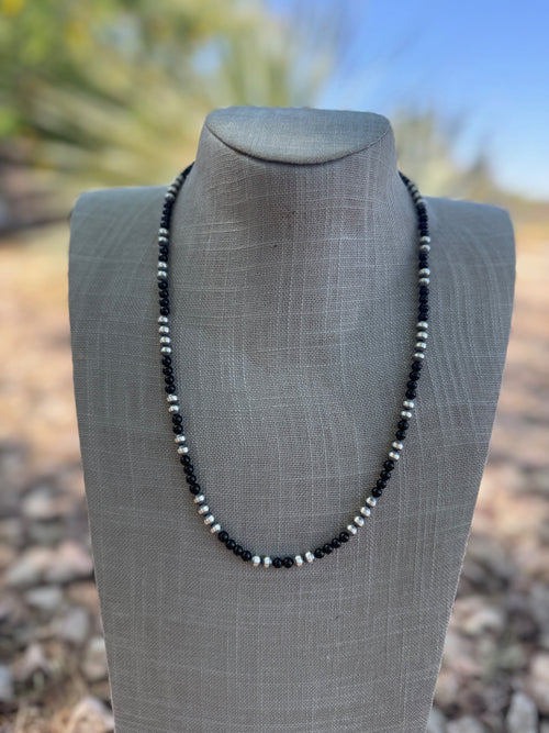 Handcrafted Sterling Silver Pearl & Black Onyx 5mm Beaded 22" Necklace