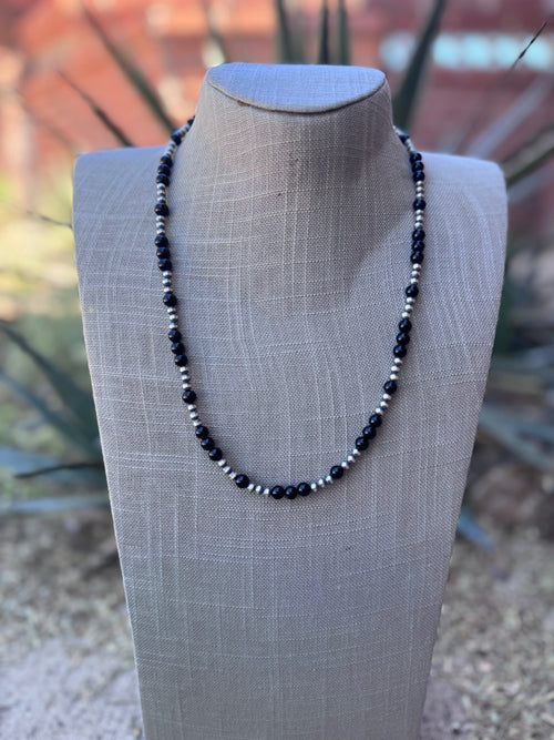 Handcrafted Sterling Silver Pearl & Black Onyx 4-6mm Beaded 22" Necklace