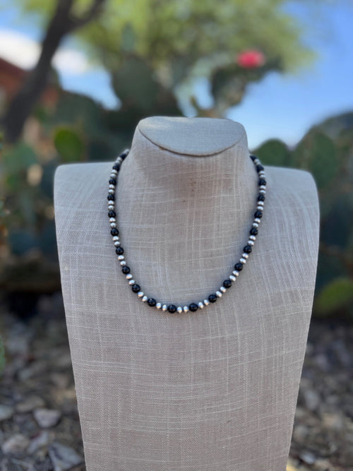 Handcrafted Sterling Silver Pearl & Black Onyx 5-6mm Beaded 18" Necklace