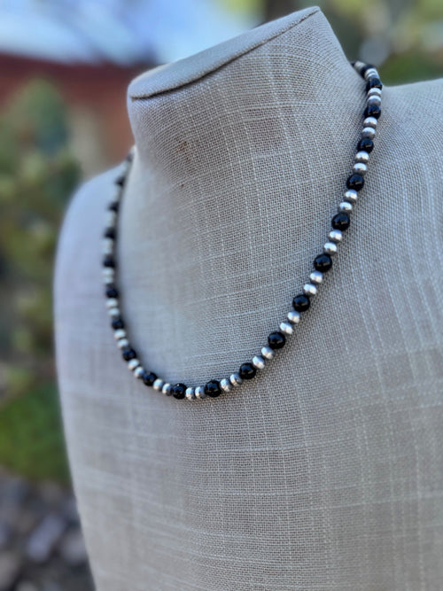 Handcrafted Sterling Silver Pearl & Black Onyx 5-6mm Beaded 18" Necklace