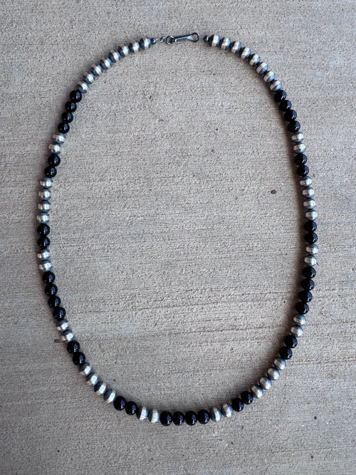 Handcrafted Sterling Silver Pearl & Black Onyx 6mm Beaded 20" Necklace