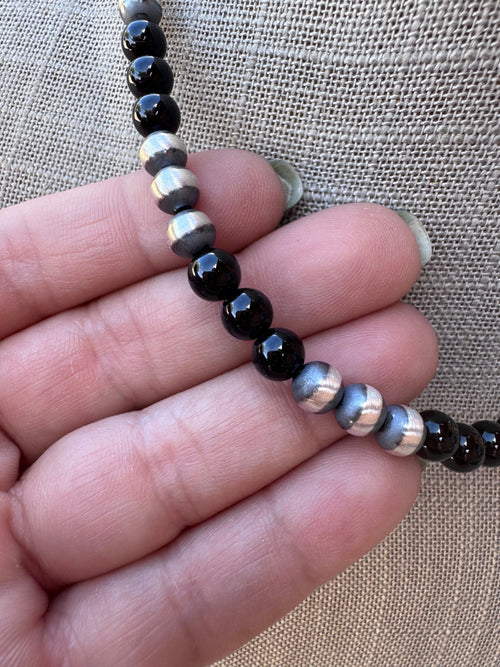 Handcrafted Sterling Silver Pearl & Black Onyx 6mm Beaded 16" Necklace