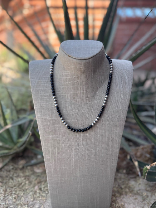 Handcrafted Sterling Silver Pearl & Black Onyx 6mm Beaded 20" Necklace