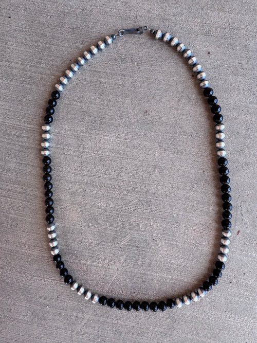 Handcrafted Sterling Silver Pearl & Black Onyx 6mm Beaded 20" Necklace