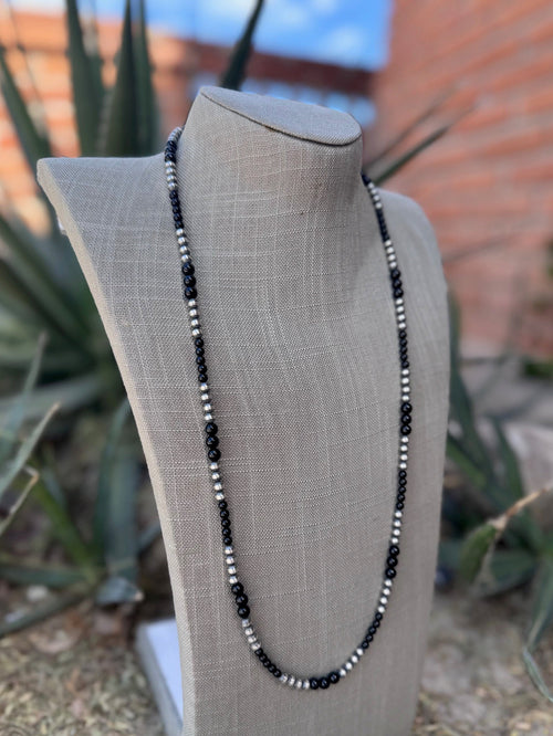 Handcrafted Sterling Silver Pearl & Black Onyx 3-6mm Beaded 30" Necklace