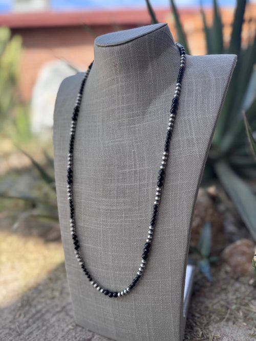 Handcrafted Sterling Silver Pearl & Black Onyx 3-6mm Beaded 30" Necklace