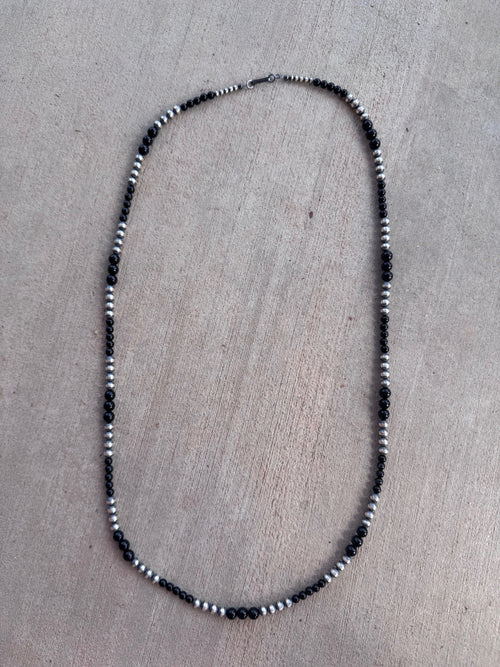 Handcrafted Sterling Silver Pearl & Black Onyx 3-6mm Beaded 30" Necklace