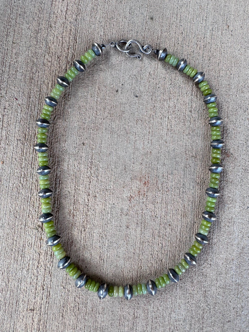 Handcrafted Serpentine & Sterling Silver 8mm Saucer Beaded Necklace
