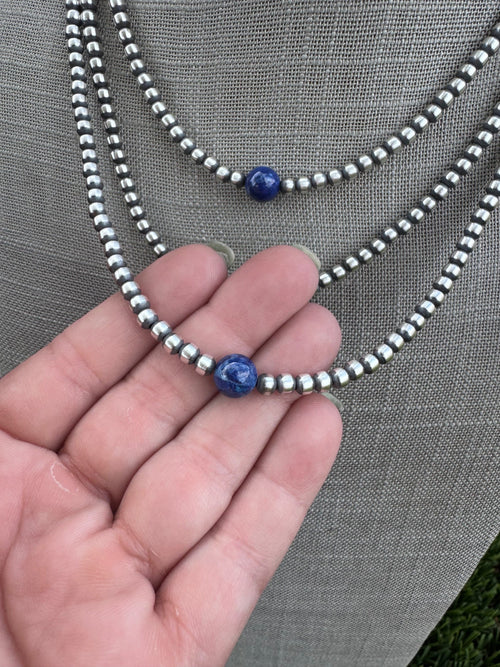 Handcrafted Lapis & Sterling Silver Pearl 4mm Beaded Necklace