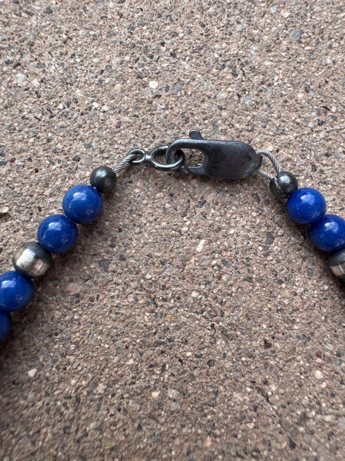Handcrafted Lapis & Sterling Silver Pearl 4mm Beaded Bracelet 7.5"