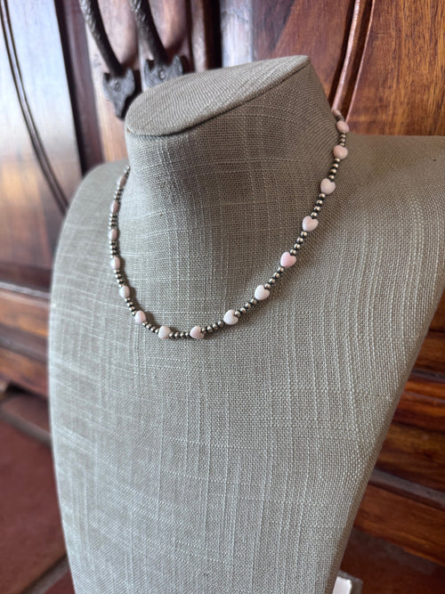 Handcrafted Sterling Silver & Pink Conch Heart 3mm beaded 16" Necklace