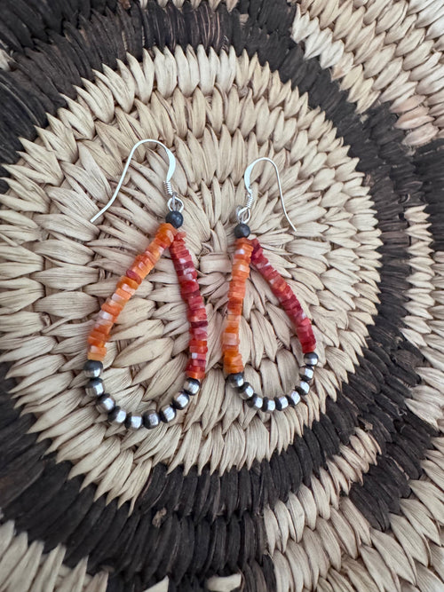Handcrafted Red Spiny, Orange Spiny & Sterling Silver Beaded Dangle Hoop Earrings