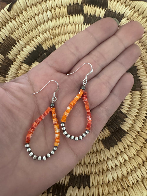 Handcrafted Red Spiny, Orange Spiny & Sterling Silver Beaded Dangle Hoop Earrings