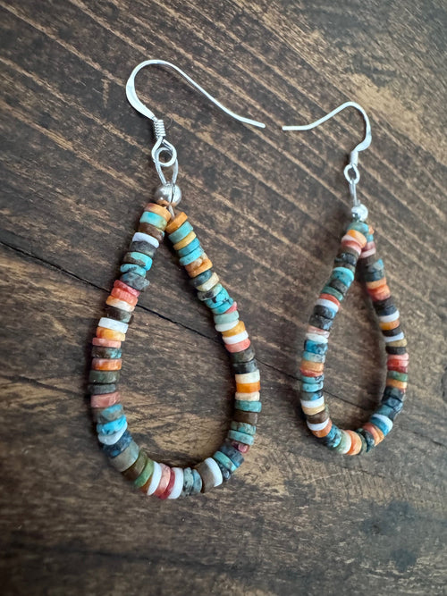Handcrafted Turquoise, Spiny & Sterling Silver Beaded Dangle Hoop Earrings