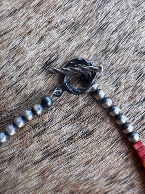 Handcrafted Red Spiny, Orange Spiny & Sterling Silver Beaded Bracelet 7.5"