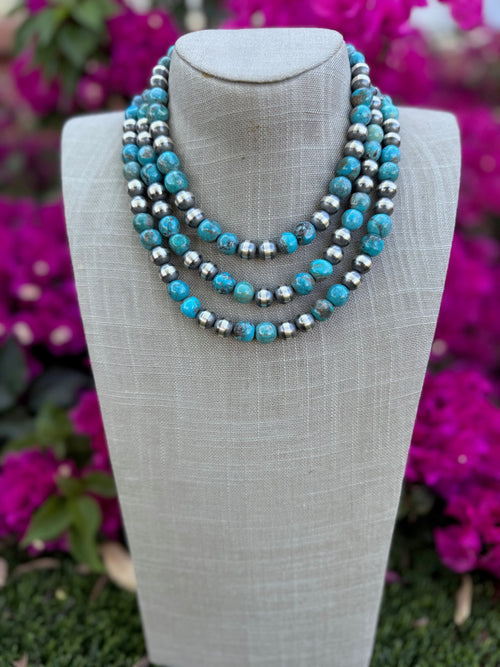 Handcrafted Kingman Turquoise & Sterling Silver 10mm Beaded Necklace