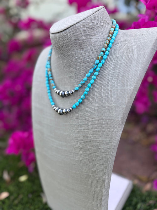 Handcrafted Kingman Turquoise & Sterling Silver 5-10mm Beaded Necklace