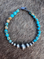 Handcrafted Kingman Turquoise & Sterling Silver Pearl 5-10mm Beaded Bracelet 8"